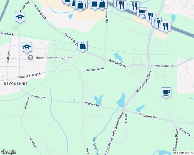 map of restaurants, bars, coffee shops, grocery stores, and more near Hiram Industrial Drive in Hiram