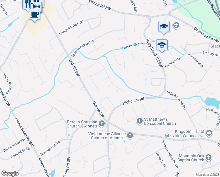 map of restaurants, bars, coffee shops, grocery stores, and more near 2931 Winding Circle Southwest in Lilburn