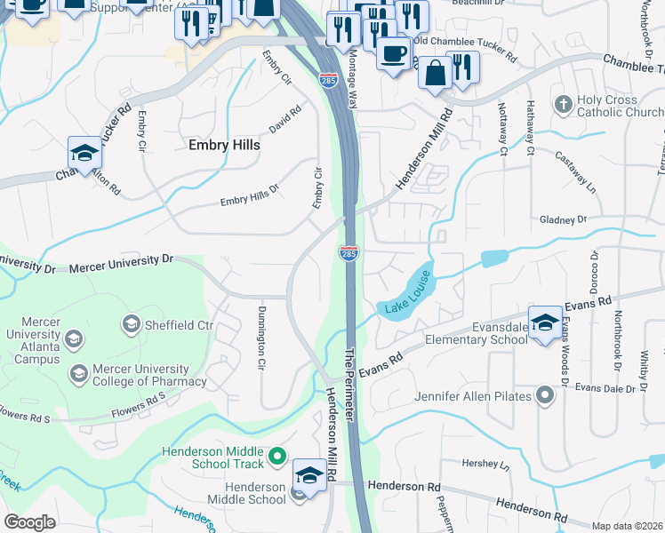 map of restaurants, bars, coffee shops, grocery stores, and more near 3003 Medinah Ct in Chamblee