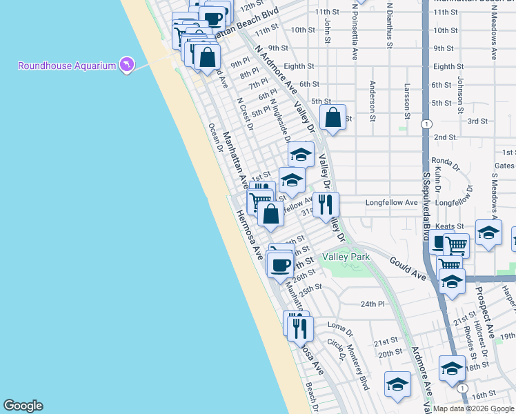map of restaurants, bars, coffee shops, grocery stores, and more near 3236 Hermosa Avenue in Hermosa Beach