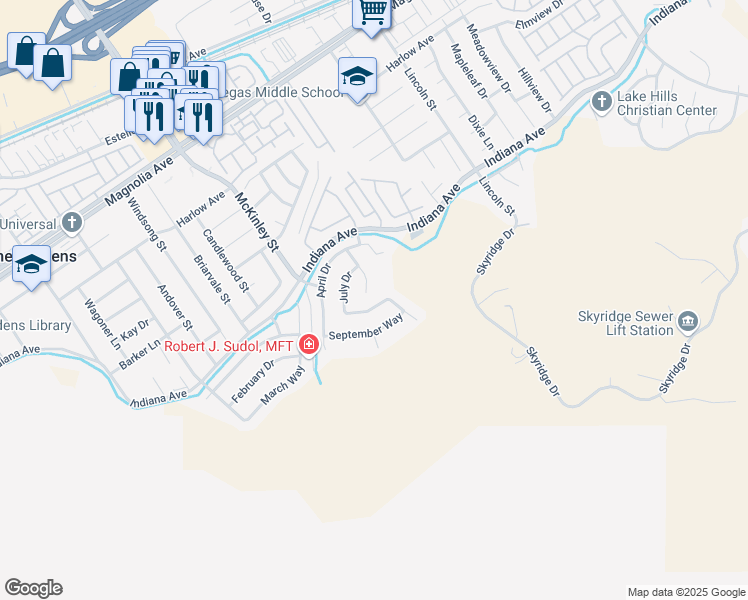 map of restaurants, bars, coffee shops, grocery stores, and more near 13001 August Circle in Riverside
