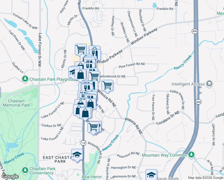 map of restaurants, bars, coffee shops, grocery stores, and more near 310 Valley Brook Way in Atlanta