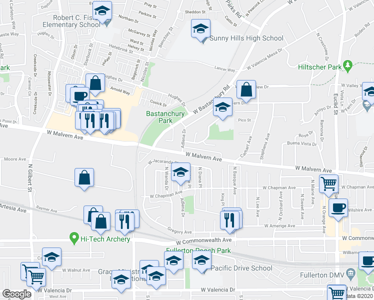 map of restaurants, bars, coffee shops, grocery stores, and more near 1749 West Malvern Avenue in Fullerton