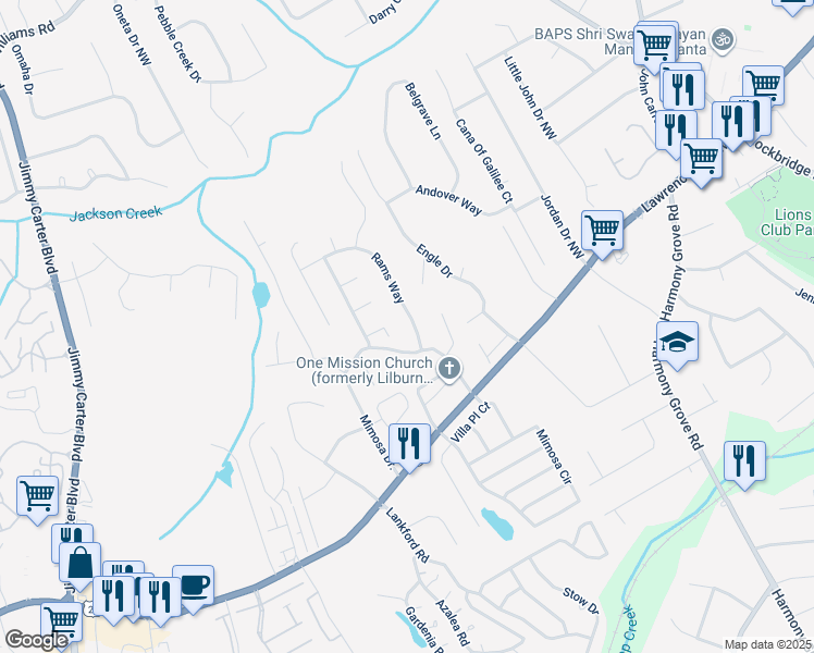 map of restaurants, bars, coffee shops, grocery stores, and more near 350 Rams Way in Tucker