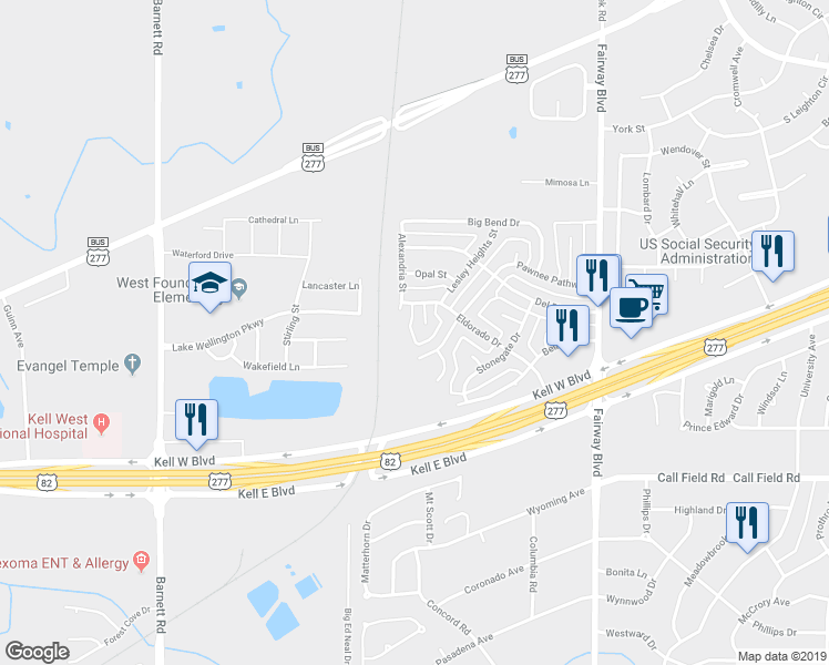map of restaurants, bars, coffee shops, grocery stores, and more near 3 12 Oaks Court in Wichita Falls