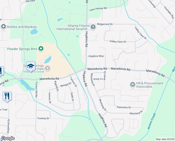 map of restaurants, bars, coffee shops, grocery stores, and more near 3191 Hopkins Road in Powder Springs