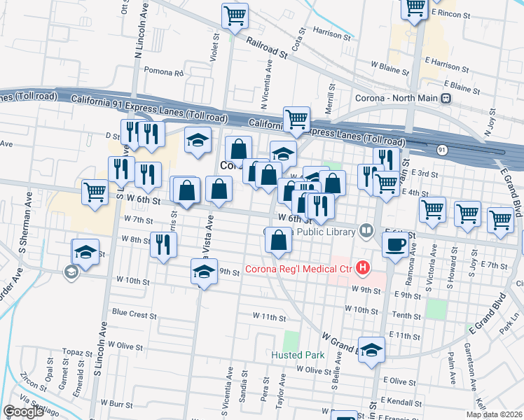 map of restaurants, bars, coffee shops, grocery stores, and more near 711 West 6th Street in Corona