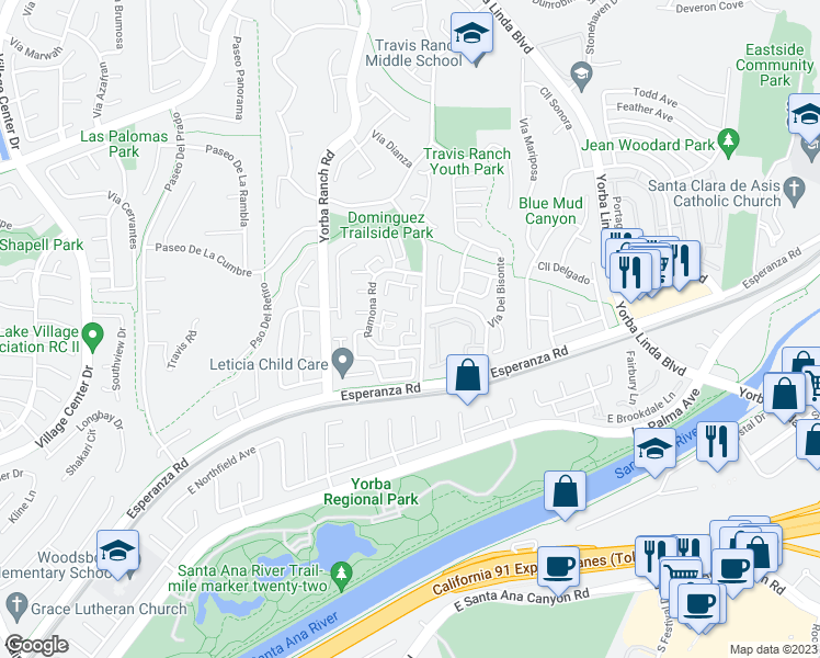 map of restaurants, bars, coffee shops, grocery stores, and more near 5834 Vía Sonora in Yorba Linda