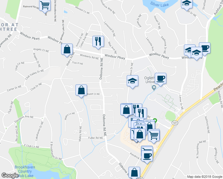 map of restaurants, bars, coffee shops, grocery stores, and more near 1175 Haven Brook Way Northeast in Atlanta