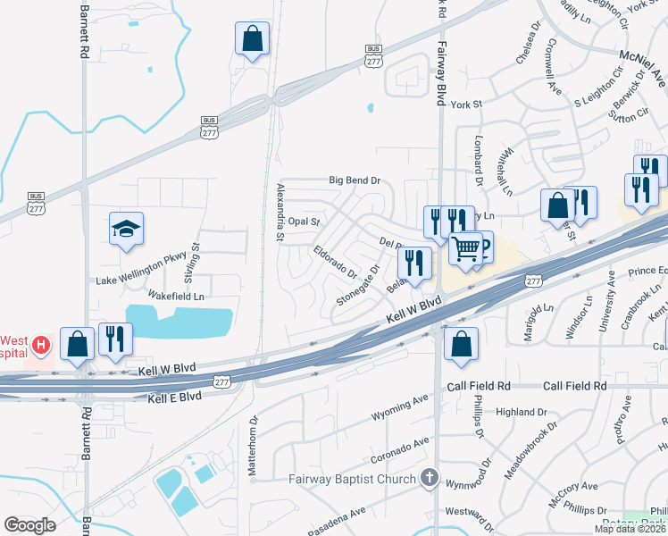 map of restaurants, bars, coffee shops, grocery stores, and more near 4809 Eldorado Drive in Wichita Falls