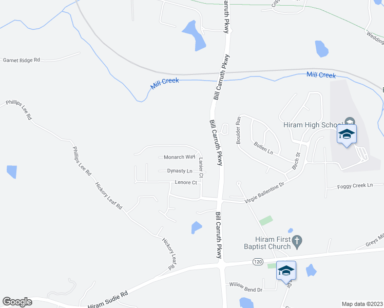 map of restaurants, bars, coffee shops, grocery stores, and more near 38 Monarch Way in Hiram