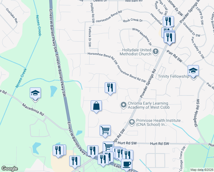 map of restaurants, bars, coffee shops, grocery stores, and more near 2671 Foxglove Drive Southwest in Marietta