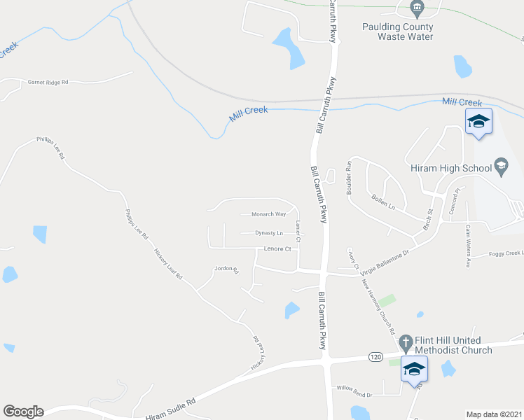 map of restaurants, bars, coffee shops, grocery stores, and more near 124 Monarch Way in Hiram