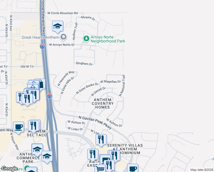 map of restaurants, bars, coffee shops, grocery stores, and more near 3653 West Denali Drive in New River