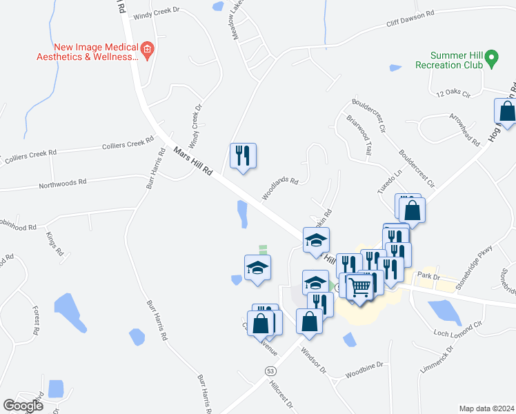 map of restaurants, bars, coffee shops, grocery stores, and more near 1200 Mars Hill Road in Watkinsville