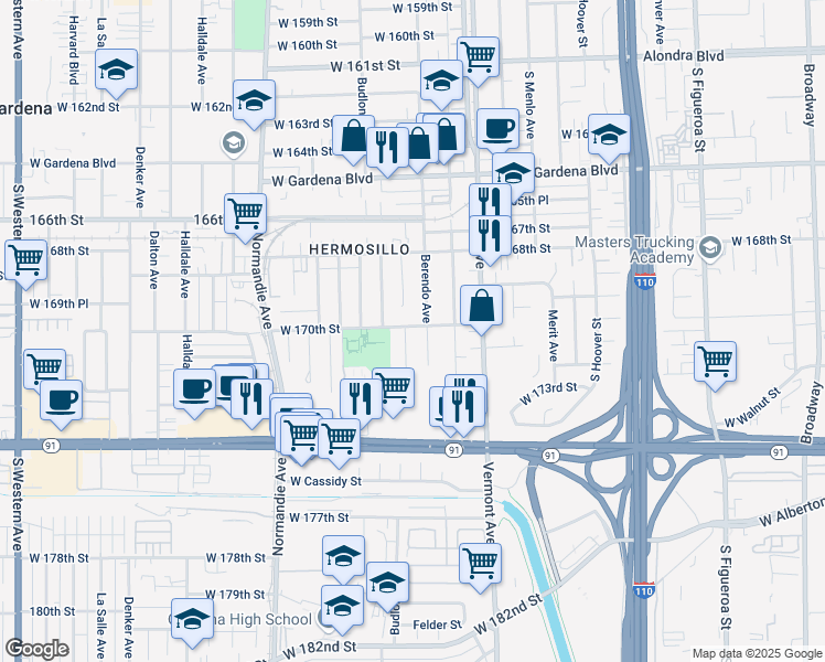 map of restaurants, bars, coffee shops, grocery stores, and more near 17002 South Catalina Avenue in Gardena