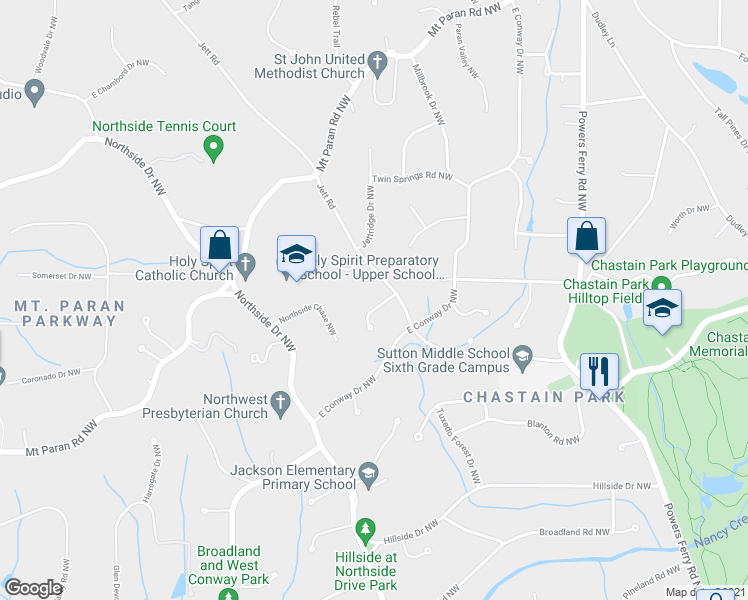 map of restaurants, bars, coffee shops, grocery stores, and more near 569 Conway Forest Drive Northwest in Atlanta