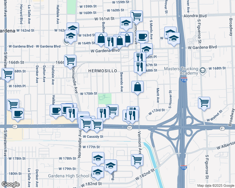 map of restaurants, bars, coffee shops, grocery stores, and more near 17002 South Catalina Avenue in Gardena
