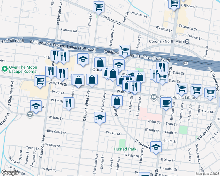 map of restaurants, bars, coffee shops, grocery stores, and more near 711 West 6th Street in Corona