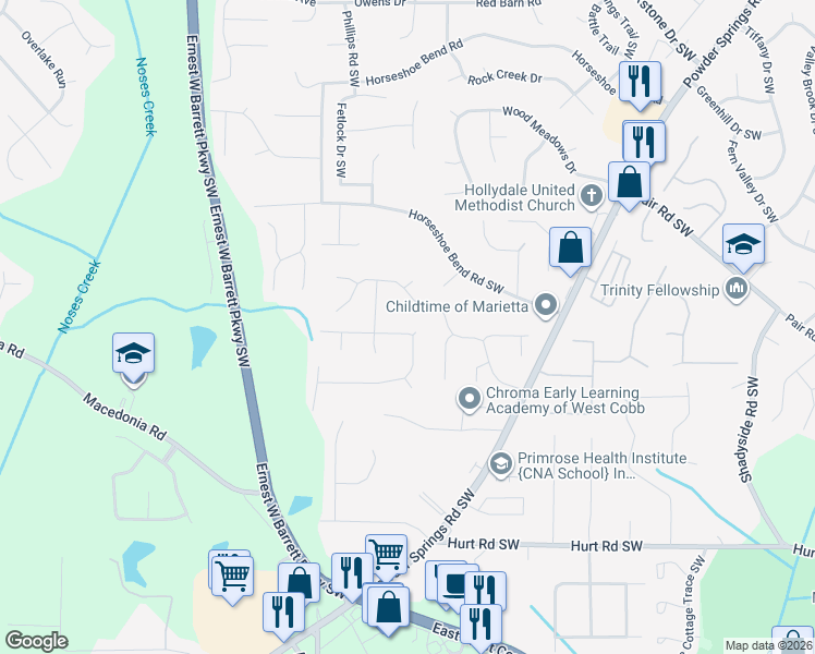 map of restaurants, bars, coffee shops, grocery stores, and more near 2679 Foxglove Drive Southwest in Marietta