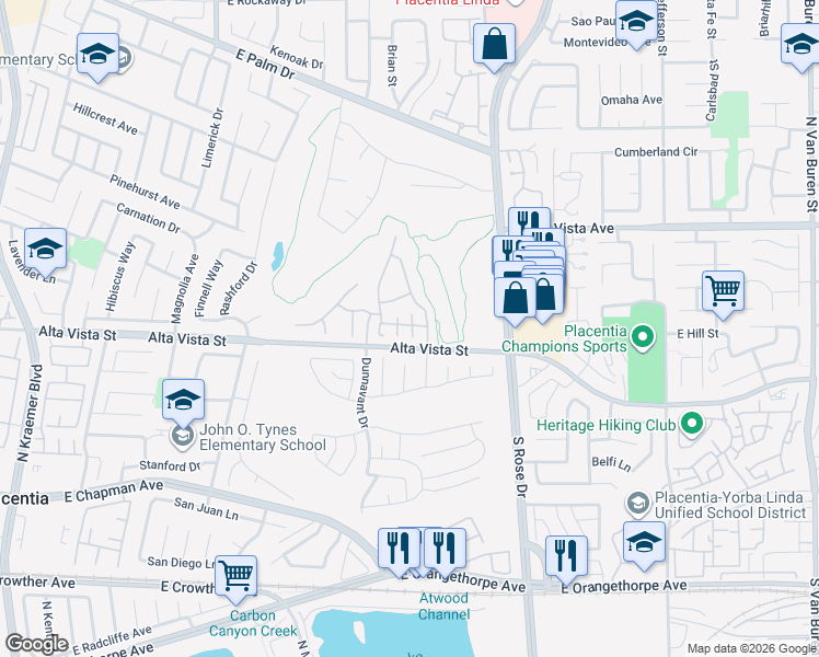 map of restaurants, bars, coffee shops, grocery stores, and more near 608 North Sepulveda Place in Placentia