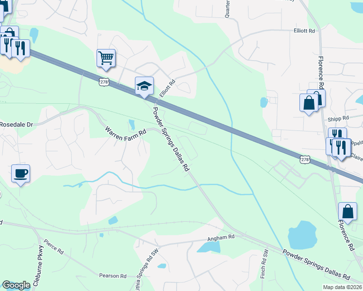 map of restaurants, bars, coffee shops, grocery stores, and more near 5591 Powder Springs Dallas Road in Hiram