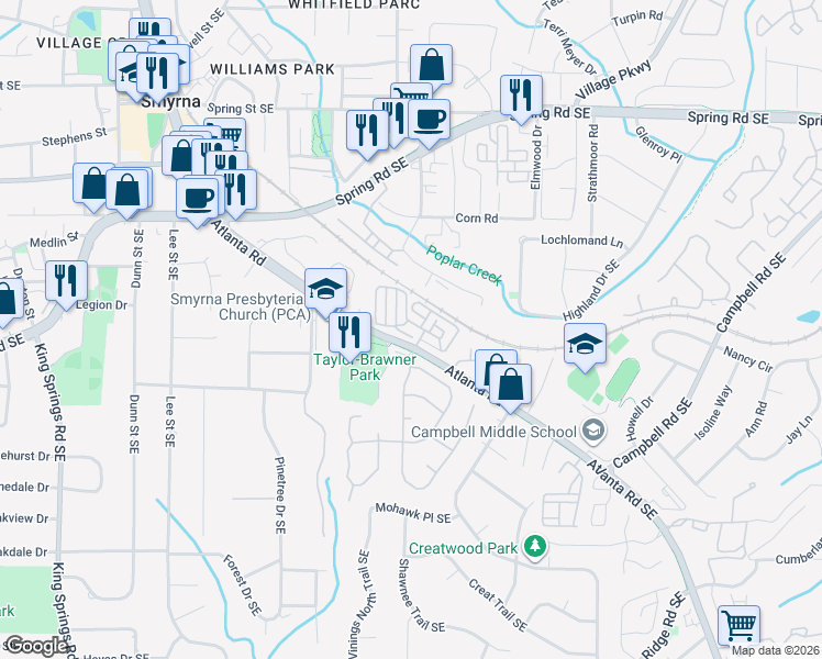 map of restaurants, bars, coffee shops, grocery stores, and more near 3200 Millwood Trail Southeast in Smyrna