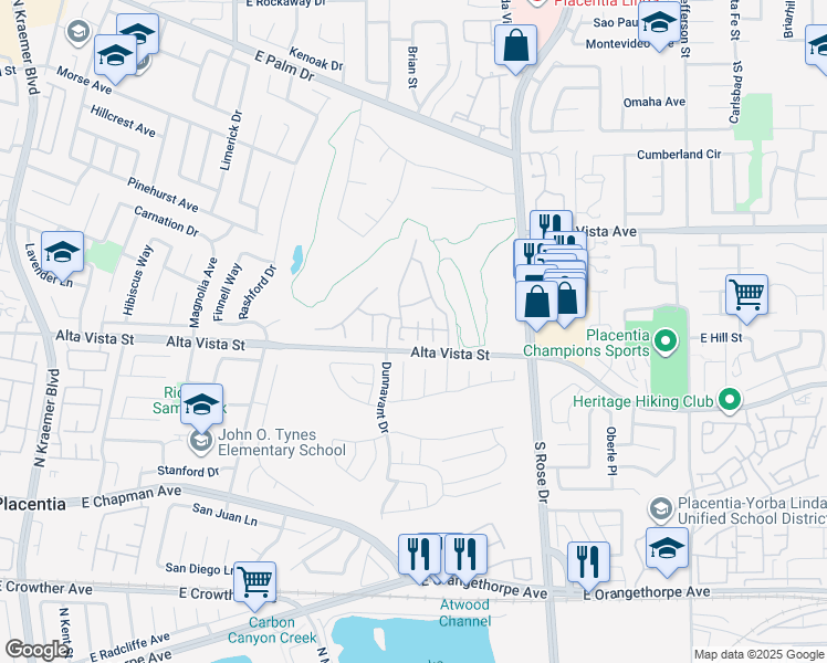map of restaurants, bars, coffee shops, grocery stores, and more near 621 North Sepulveda Place in Placentia