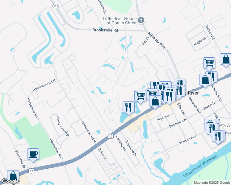 map of restaurants, bars, coffee shops, grocery stores, and more near Q-4 Pinehurst Circle in Little River