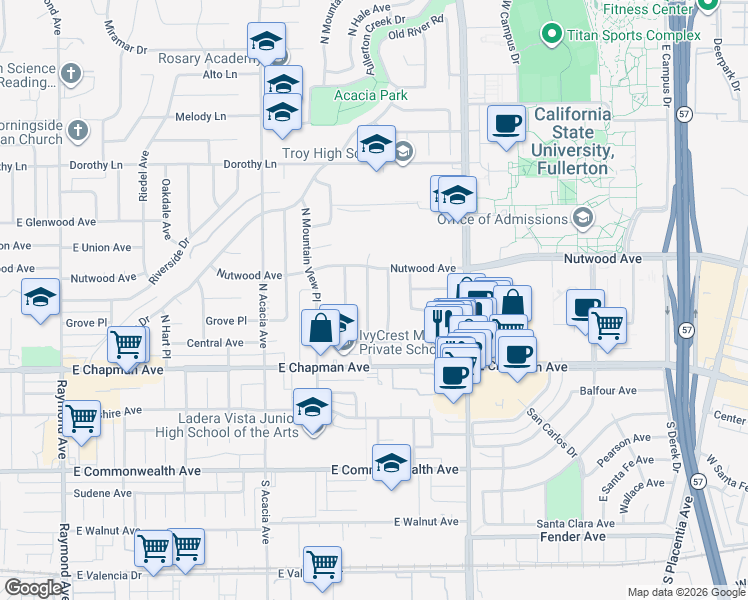 map of restaurants, bars, coffee shops, grocery stores, and more near 608 Ladera Vista Drive in Fullerton