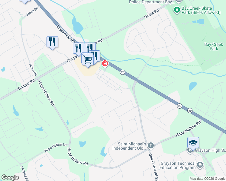 map of restaurants, bars, coffee shops, grocery stores, and more near 145 Graymist Lane Southwest in Loganville