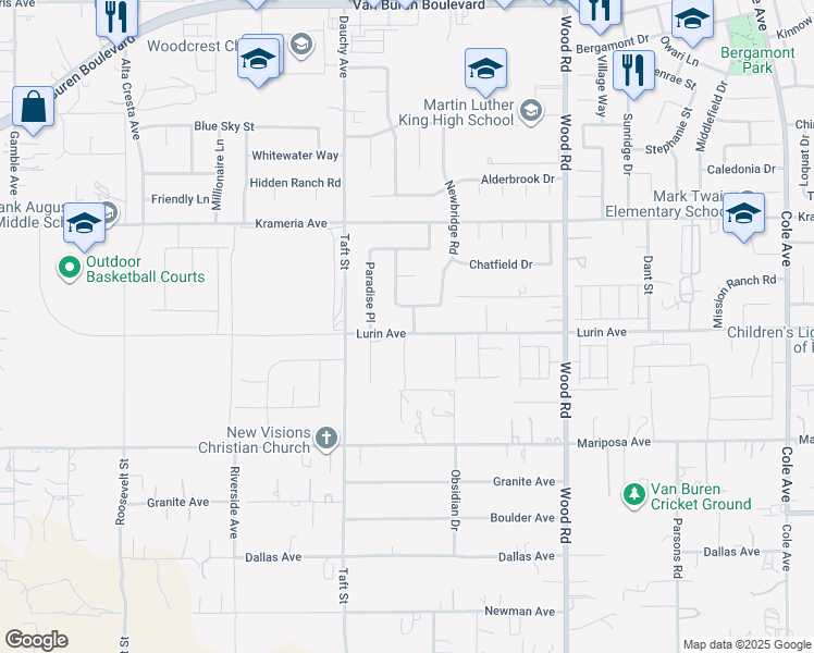 map of restaurants, bars, coffee shops, grocery stores, and more near 18636 Lurin Avenue in Riverside