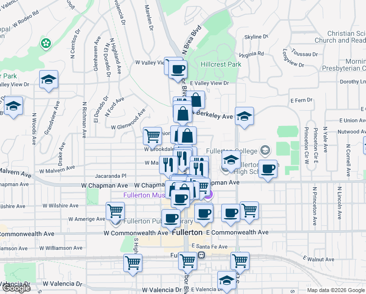 map of restaurants, bars, coffee shops, grocery stores, and more near 616 North Harbor Boulevard in Fullerton