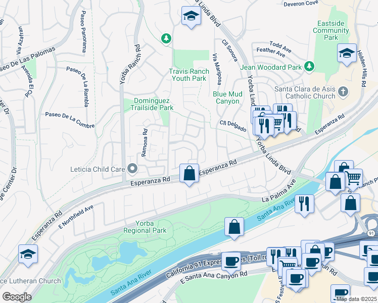 map of restaurants, bars, coffee shops, grocery stores, and more near 21390 Via Del Vaquero in Yorba Linda