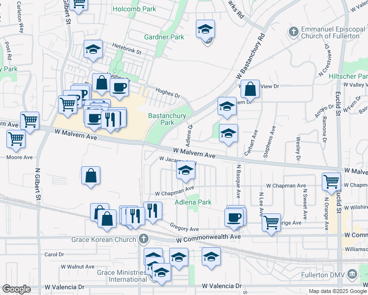 map of restaurants, bars, coffee shops, grocery stores, and more near 1755 West Malvern Avenue in Fullerton