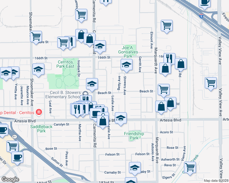 map of restaurants, bars, coffee shops, grocery stores, and more near 13469 Palm Place in Cerritos