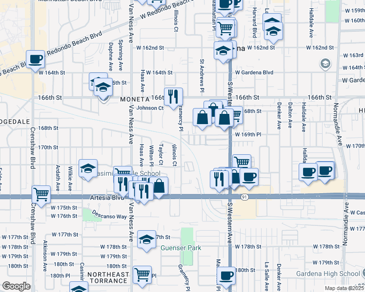 map of restaurants, bars, coffee shops, grocery stores, and more near 17010 Illinois Court in Torrance