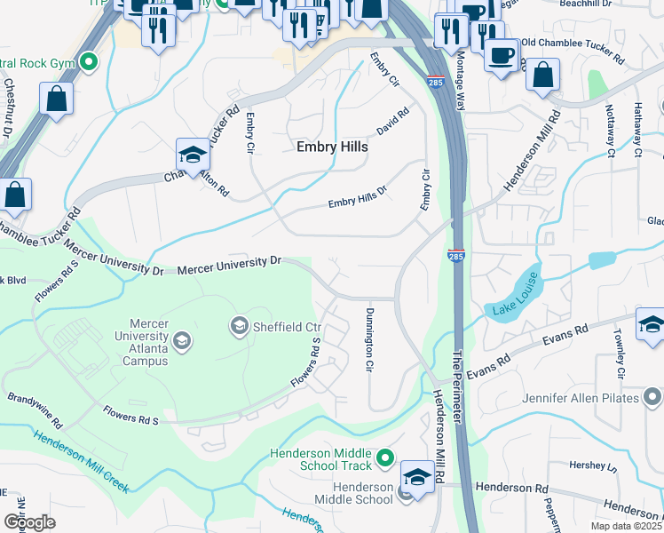 map of restaurants, bars, coffee shops, grocery stores, and more near 3250 Mercer University Drive in Chamblee