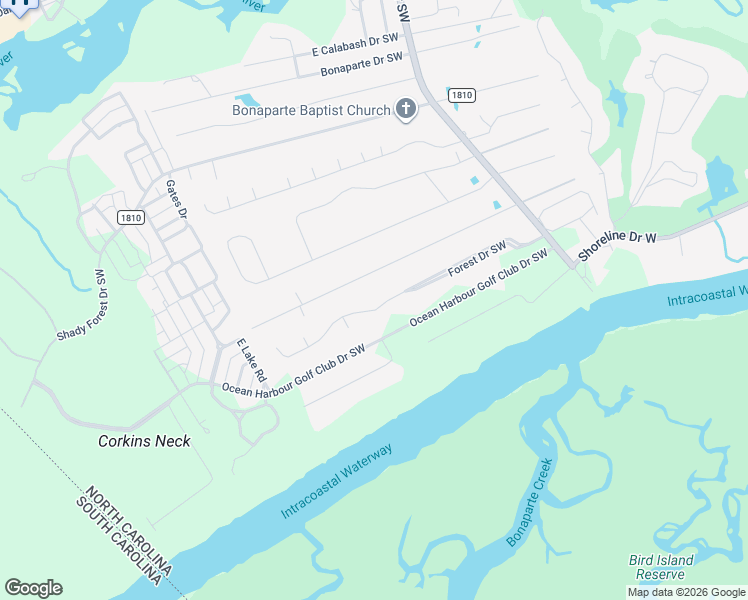 map of restaurants, bars, coffee shops, grocery stores, and more near 9129 Forest Drive Southwest in Sunset Beach