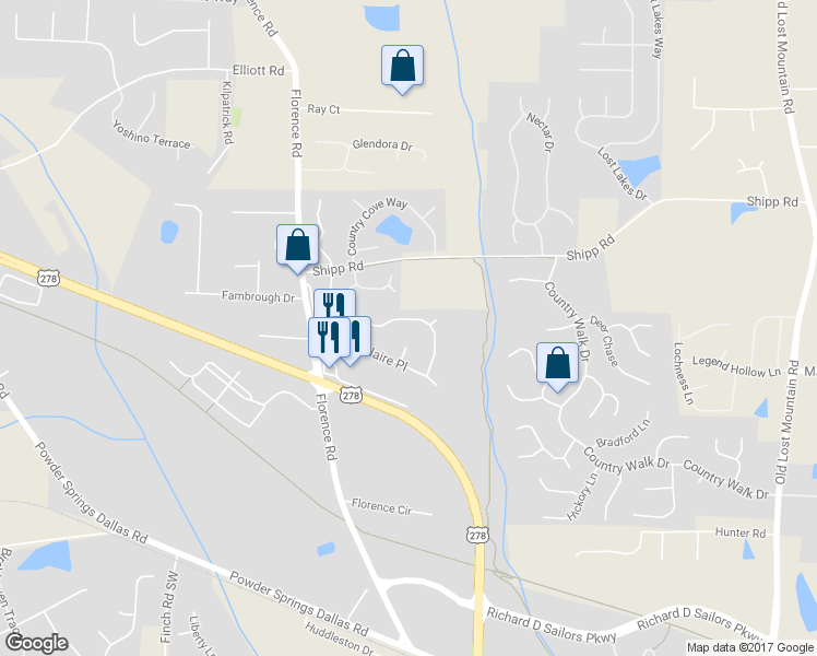 map of restaurants, bars, coffee shops, grocery stores, and more near 5020 Hopeland Drive in Powder Springs
