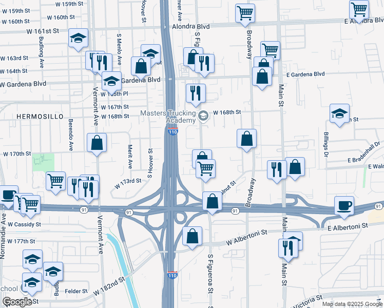 map of restaurants, bars, coffee shops, grocery stores, and more near 17021 South Figueroa Street in Gardena