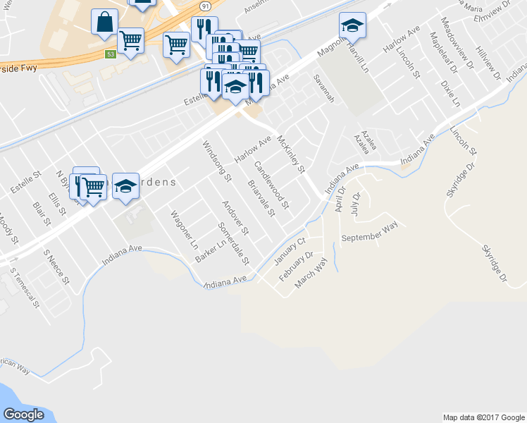 map of restaurants, bars, coffee shops, grocery stores, and more near 3496 Briarvale Street in Corona