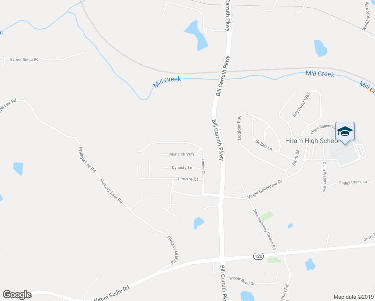 map of restaurants, bars, coffee shops, grocery stores, and more near 72 Monarch Way in Hiram
