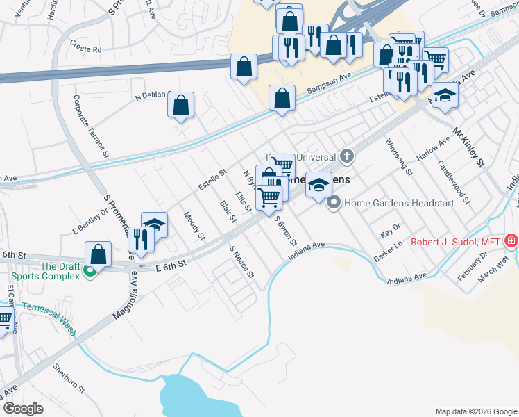 map of restaurants, bars, coffee shops, grocery stores, and more near 13659 Magnolia Avenue in Corona