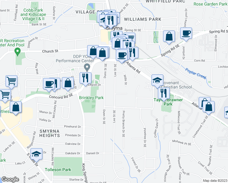 map of restaurants, bars, coffee shops, grocery stores, and more near 3150 Lee Street Southeast in Smyrna