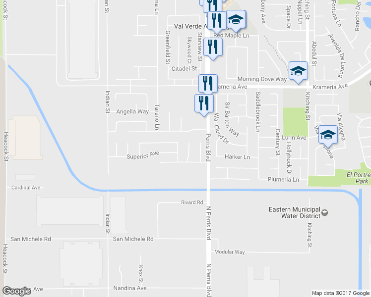 map of restaurants, bars, coffee shops, grocery stores, and more near 16825 Saint George Way in Moreno Valley