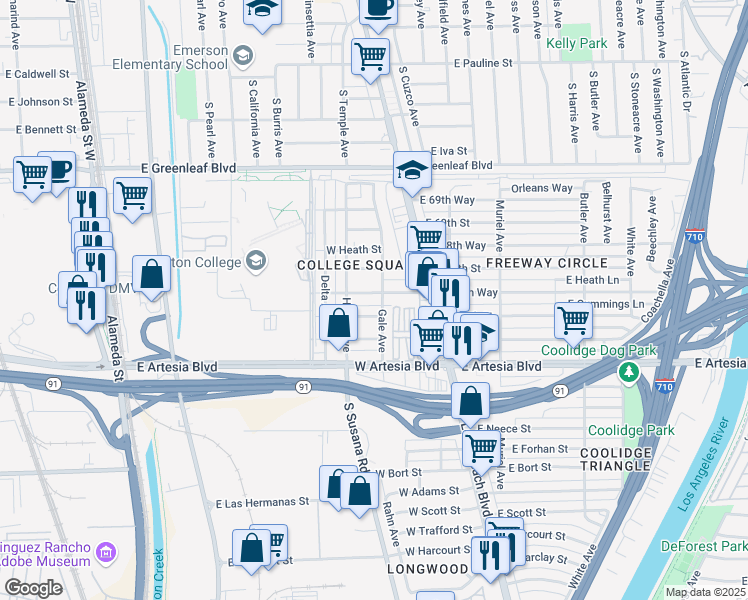map of restaurants, bars, coffee shops, grocery stores, and more near 216 West 67th Way in Long Beach