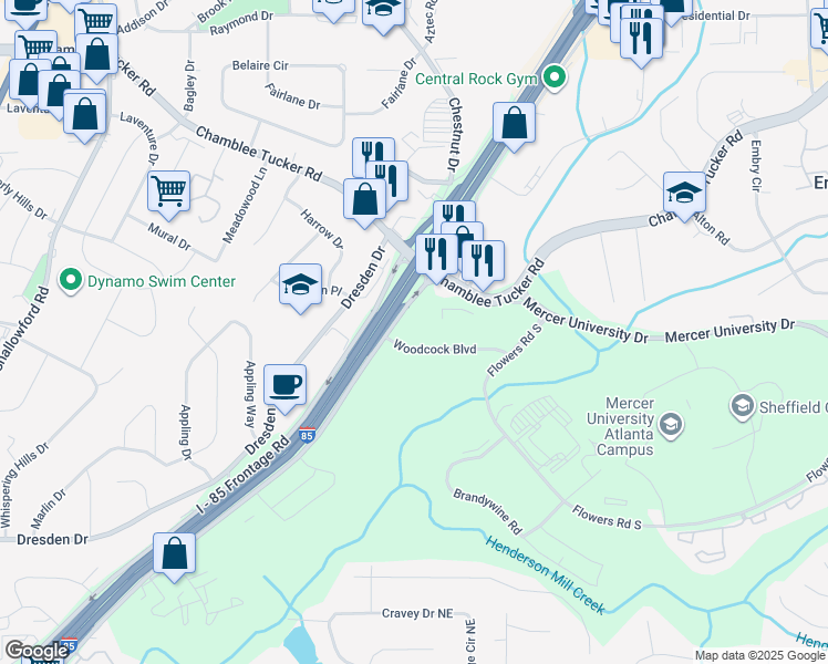 map of restaurants, bars, coffee shops, grocery stores, and more near 2858 Woodcock Boulevard in Atlanta