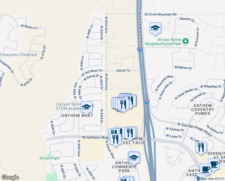map of restaurants, bars, coffee shops, grocery stores, and more near 43115 North 43rd Drive in New River