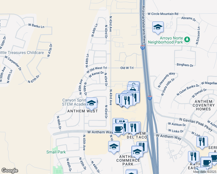 map of restaurants, bars, coffee shops, grocery stores, and more near 43115 North 43rd Drive in New River